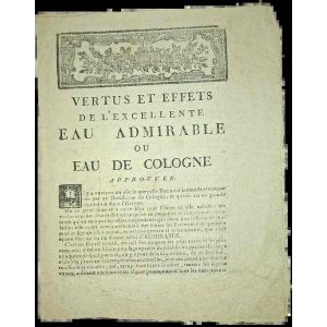 Vertus et effets de l'excellente Eau admirable, ou Eau de Cologne. Approuvée