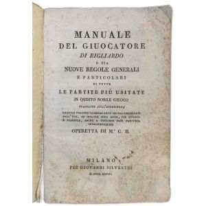 Manuale del giuocatore di bigliardo, o sia Nuove regole generali e particolari di tutte le partite più usitate in questo nobile giuoco stabilite sull'esperienza le quali tolgono parecchi abusi sin ora conservati dall'uso ...