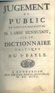 Jugement du public et particulierment de L'abbé Renaudot sur le dictionnaire critique de Sr. Bayle 